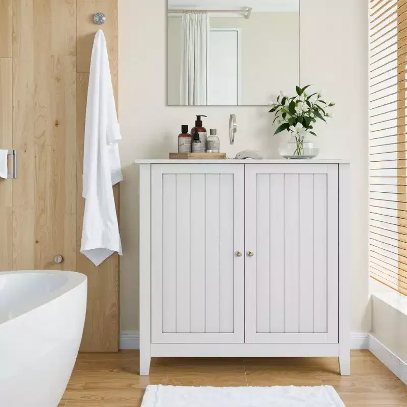 32 White Bathroom Storage Cabinet, Small Buffet Cabinet Freestanding Floor Cupboard with Adjustable Shelf - Panipeachy