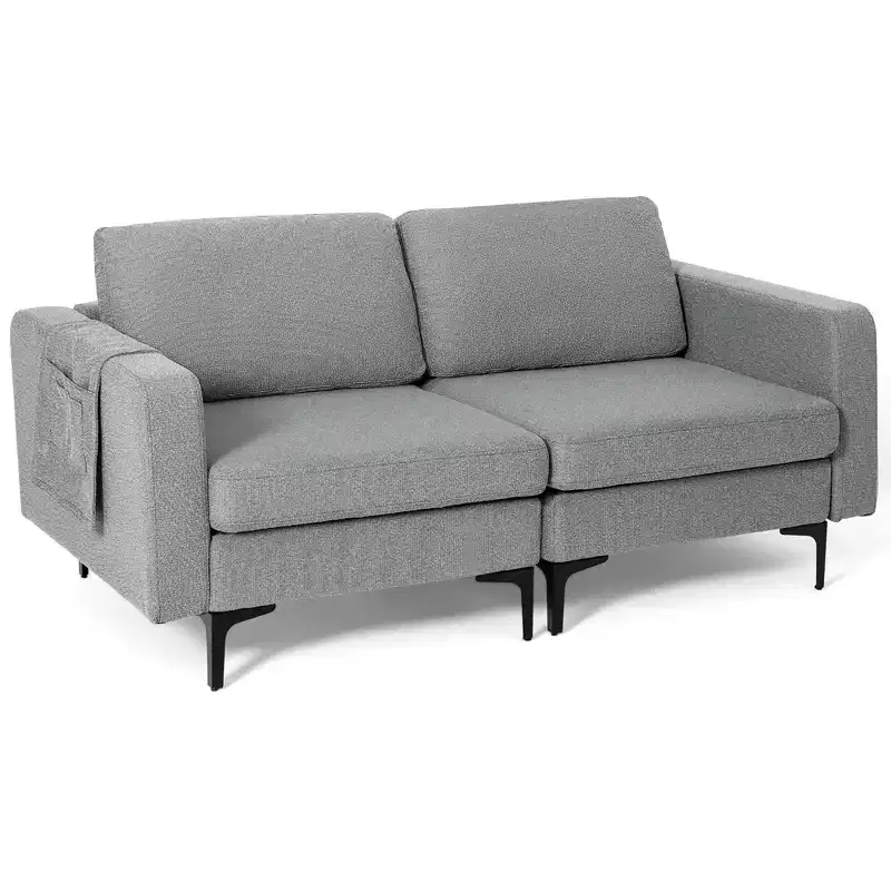 Costway Modern Loveseat Linen Fabric 2-Seat Sofa Couch w/ Side Storage Pocket Green\Orange