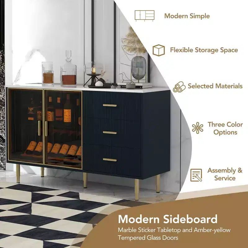 Modern Sideboard Buffet Cabinet with Tempered Glass Doors and Drawers, Storage Cabinet with Adjustable Shelves, Navy Blue