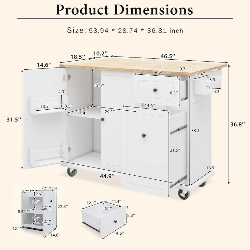 53.9 Width Rolling Kitchen Island with Drop Leaf and 3 Tier Pull Out Cabinet