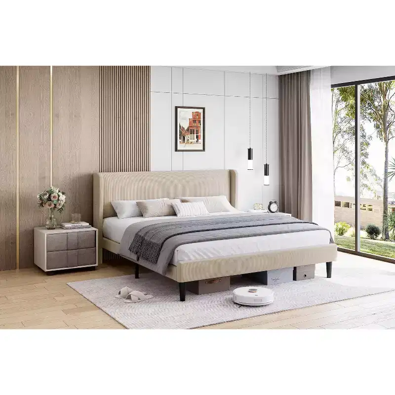 King Bed Frame,Platform Bed with Wingback Headboard,Upholstered Bed Frame with 2 Storage Pockets, Strong Wooden Slat Support, Easy Assembly