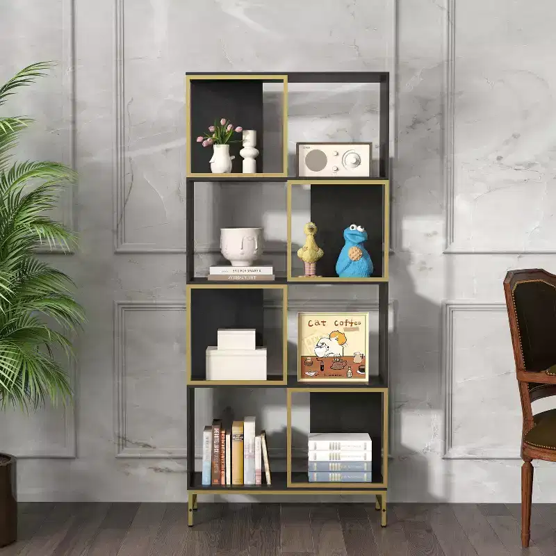 4-Tier Industrial Wood and Metal Bookcase with Asymmetrical Shelves