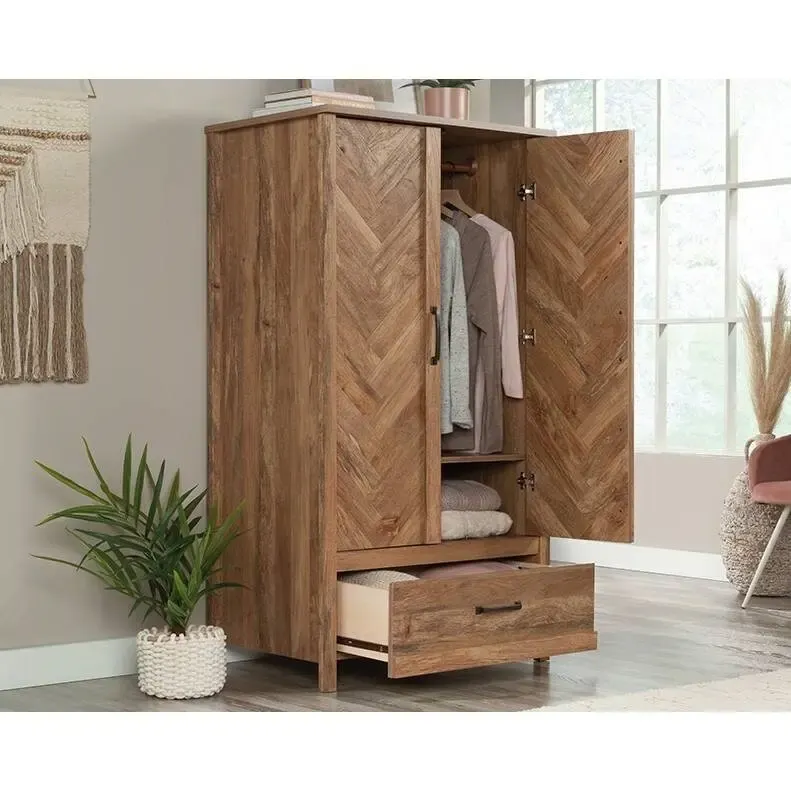 FarmHouse Rustic Herringbone 1 Drawer Garment Rod Wardrobe Armoire - 22.5 inches L x 32.3 inches W x 59.3 inches H