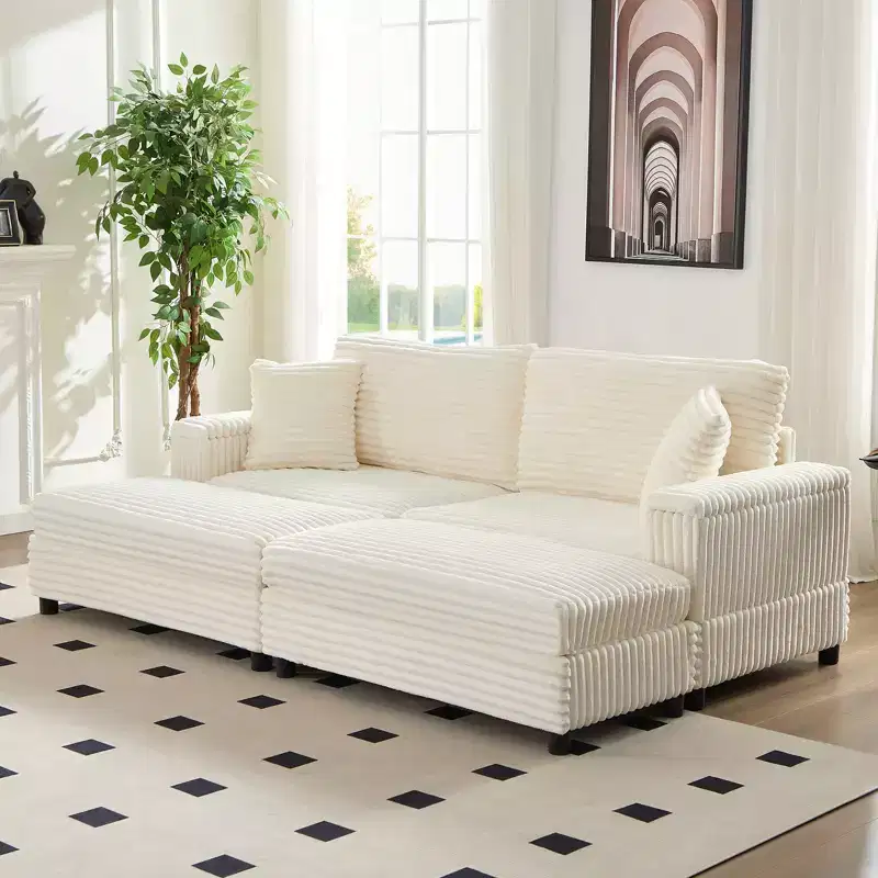 Oversized Chaise Lounge Chair Indoor, 85 W Corduroy Upholstered Sofa with Movable Ottoman
