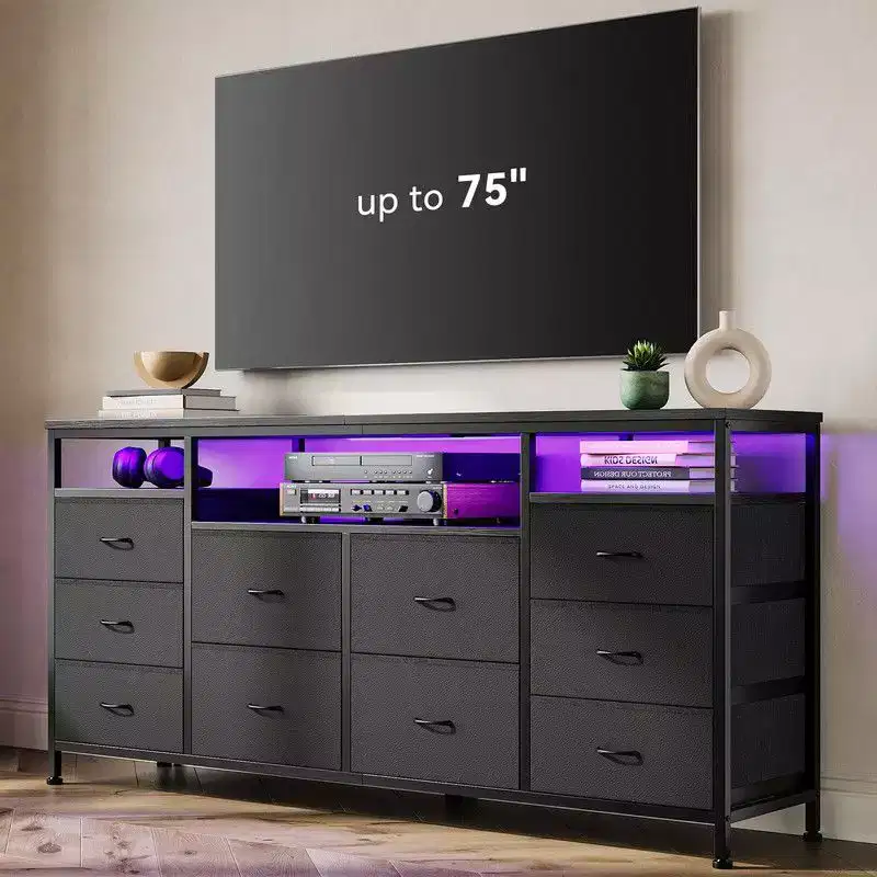 Black/Brown/Pink/White 10-Drawer Dresser TV Stand with LED & Power Outlet, 63.3