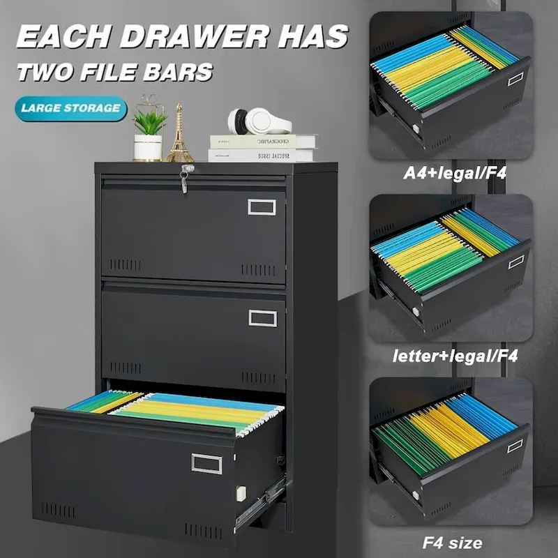 Black Locking Metal File Cabinets with Three Drawer, Lock and Key
