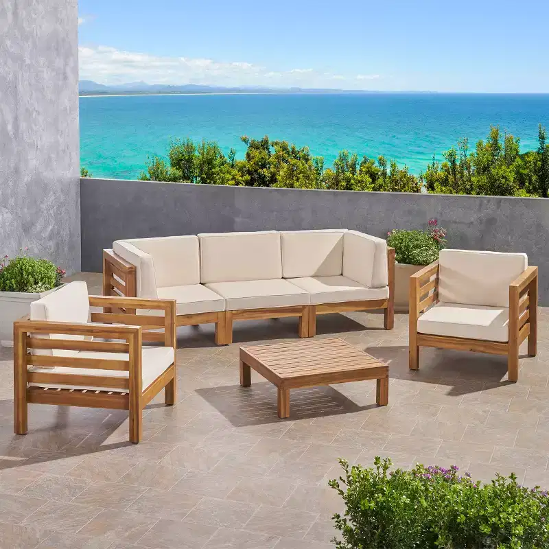 Christopher Knight Home Kaena Outdoor Acacia Wood 5 Seater Sofa and Club Chair Chat Set with Cushions