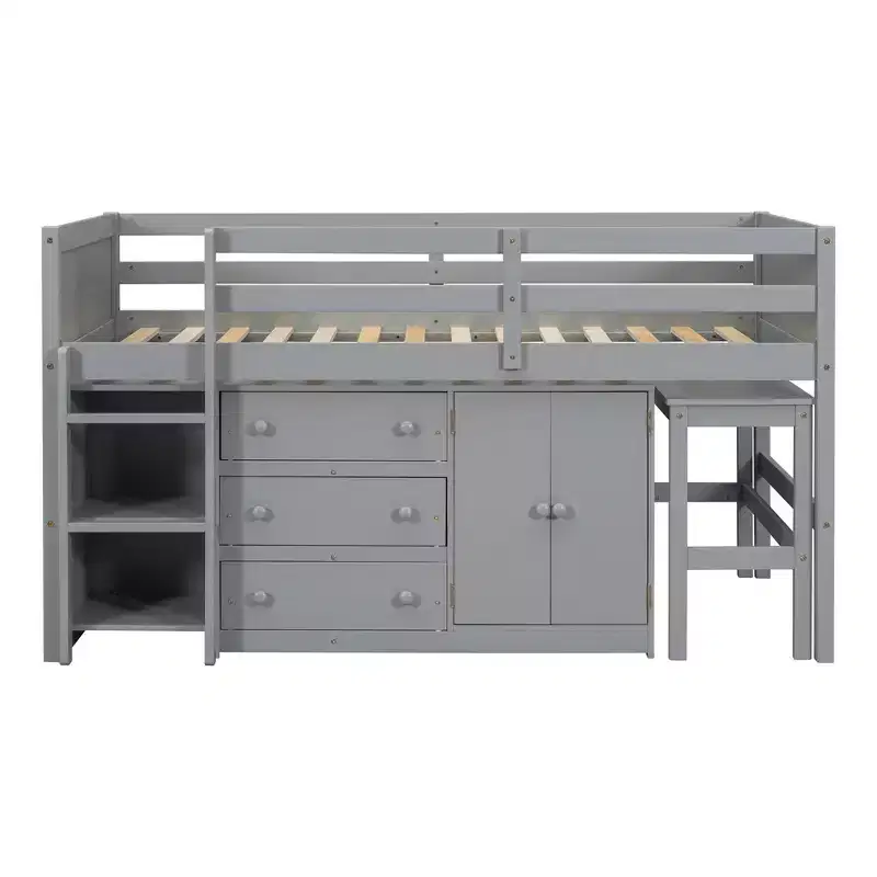 Twin Size Bed Frame, Solid Wood Low Loft Bed Frame With Pull-Out Desk, Drawers, Cabinet, Shelves, Twin Size Low Loft Bed For Kids Teens Boys Girls