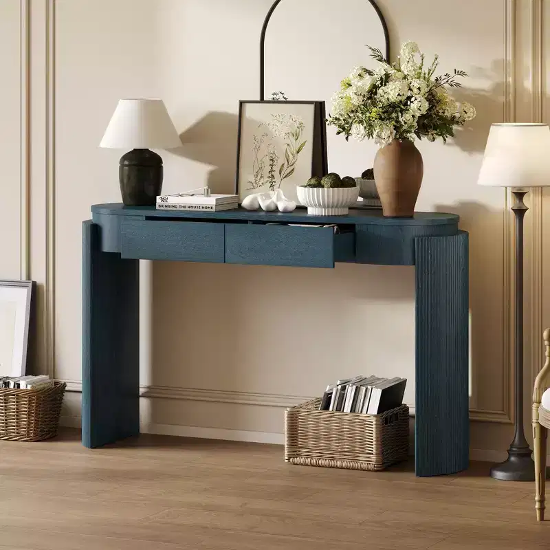 Okak 55.1IN Modern Console Table with Wood Grain Finish, Entryway Table with Oval Top and 2 Drawers, Accent Table for Living Room, Foyer, Navy