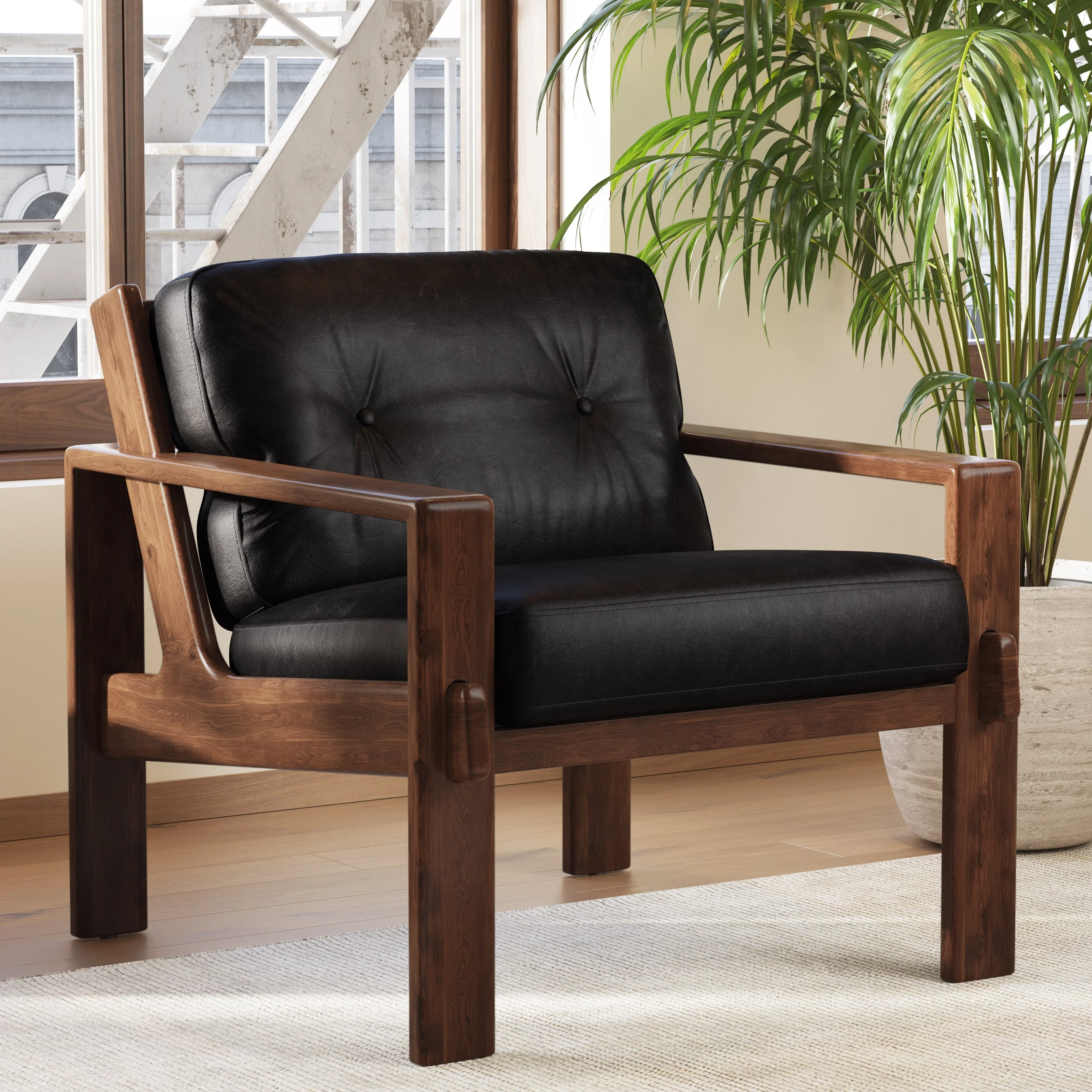 Modern Onyx Black Leather Lounge Chair with Tufted Back