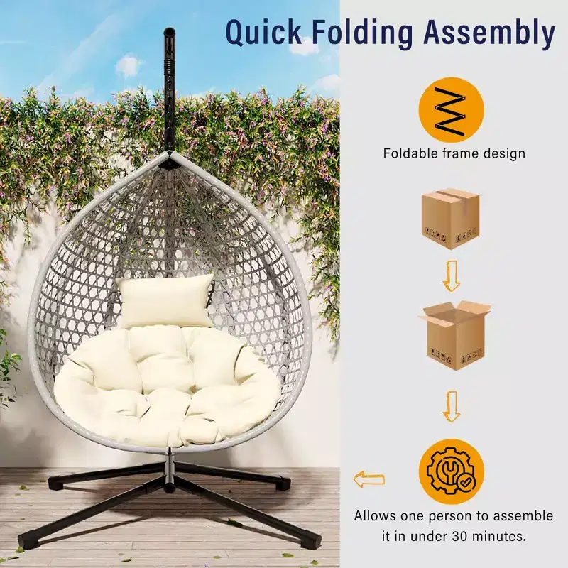 GDFStudio Anderson Hanging Egg Rattan Chair with Stand and Soft Removable Cushion