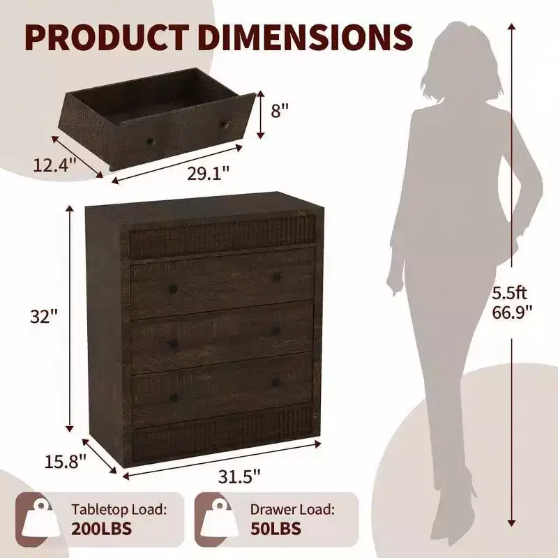 3/5 Drawer Dresser for Bedroom, 31.5 Wide Fluted Chest of Drawers, Modern Wooden Nightstand Storage Cabinet for Hallway, Living Room