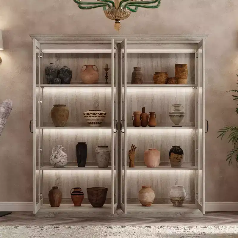 Famapy 4-Door Glass Display Cabinet Gray Oak Finish LED Strip Light Tempered Glass Doors LED Lighting Curio Pantry