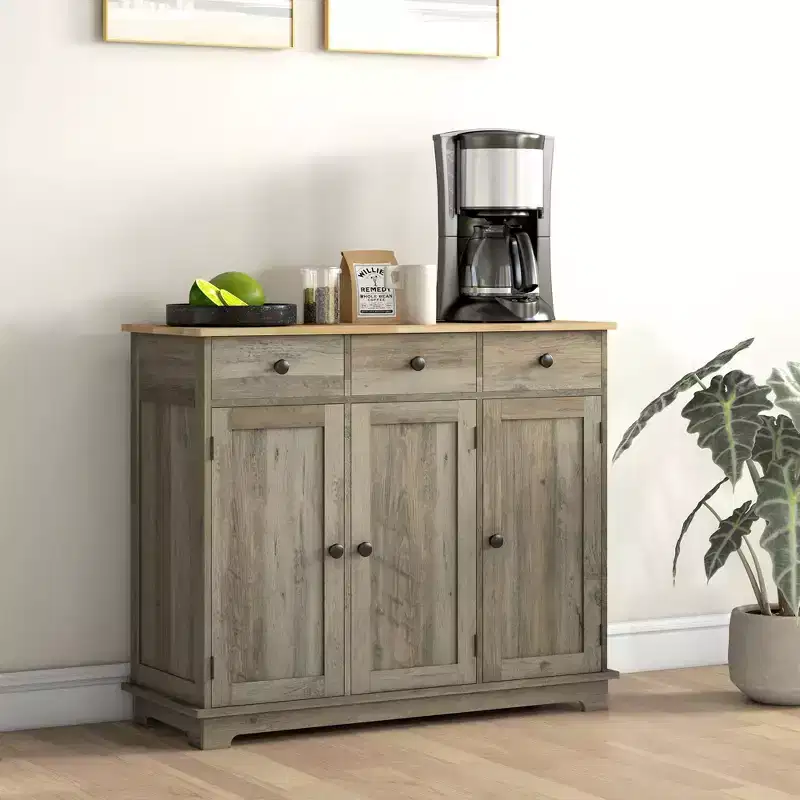 Sideboard Cabinet with Solid Wood Countertop, Adjustable Shelf & 3 Drawers, Bar Cabinet for Entryway, Living Room, Kitchen, Gray