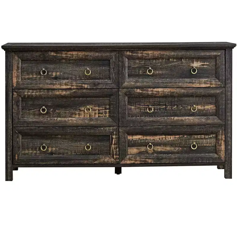 Farmhouse 6-Drawer Wide Storage Dresser with Metal Handles