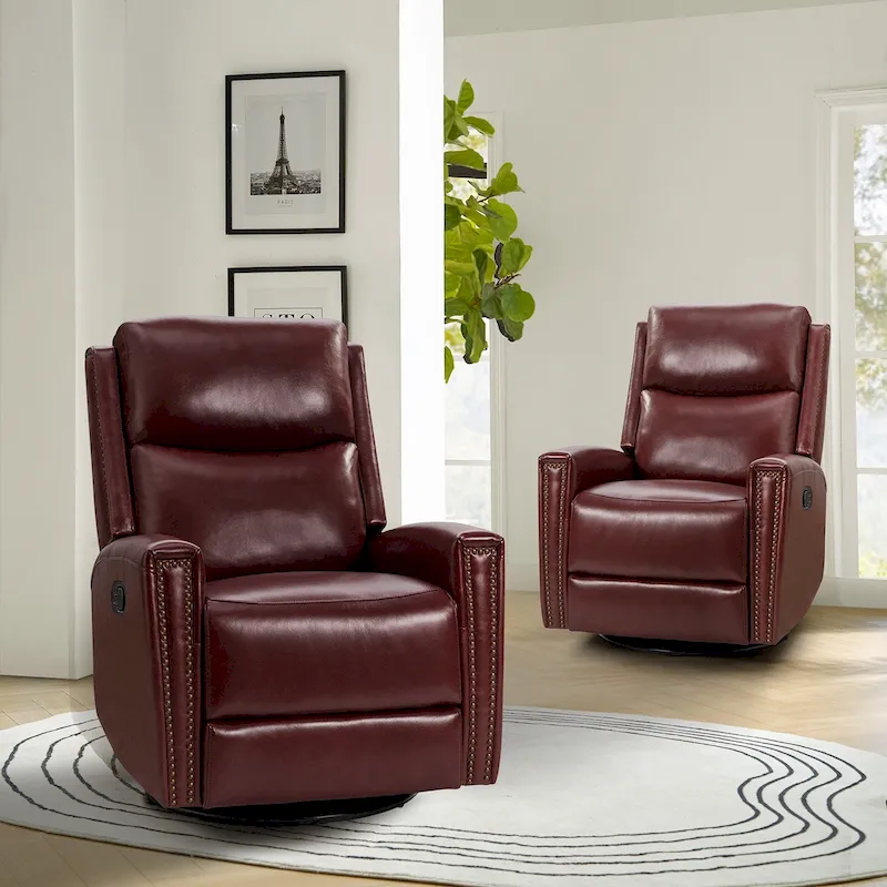 30.31Wide Modern Genuine Leather Wingback Swivel Rocker Recliner with Nailhead Trims, Set of 2