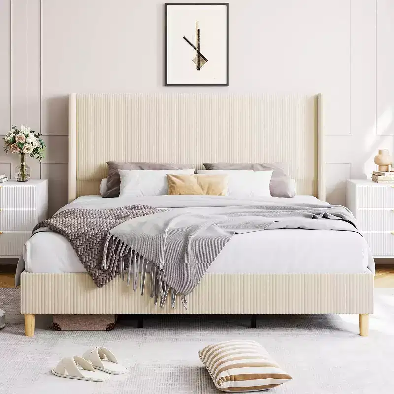 Corduroy Upholstered Platform Bed Frame, Wingback Headboard, Solid Wood Slats, No Box Spring Needed, Easy Assembly, Beige
