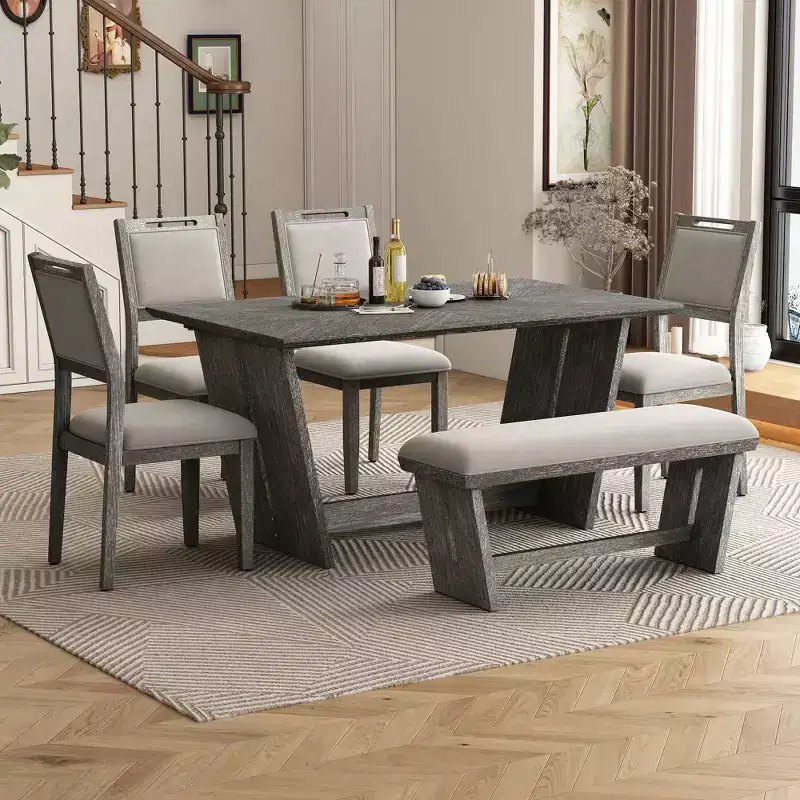 GDFStudio Herty 6 Piece Dining Set with 60 Rubberwood Kitchen Table and Upholstered Chairs & Bench