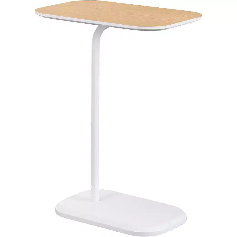 HomeStock Belmont Light Oak C Shaped End Table with Woodgrain Veneer Finish, Slide Under Sofa or Bed, Modern Accent Side Table with Metal Base
