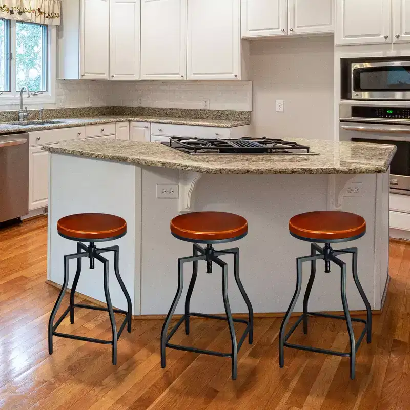 eHemco Industrial Adjustable Swivel Metal Kitchen Counter stool with Wood Veneer Seat, Rustic Brown and Black, Set of 3