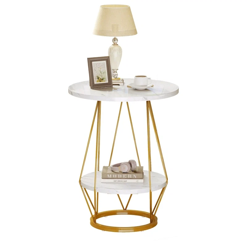 Moasis 2-Tier Round End Side Table Faux Marble Top for Living Room