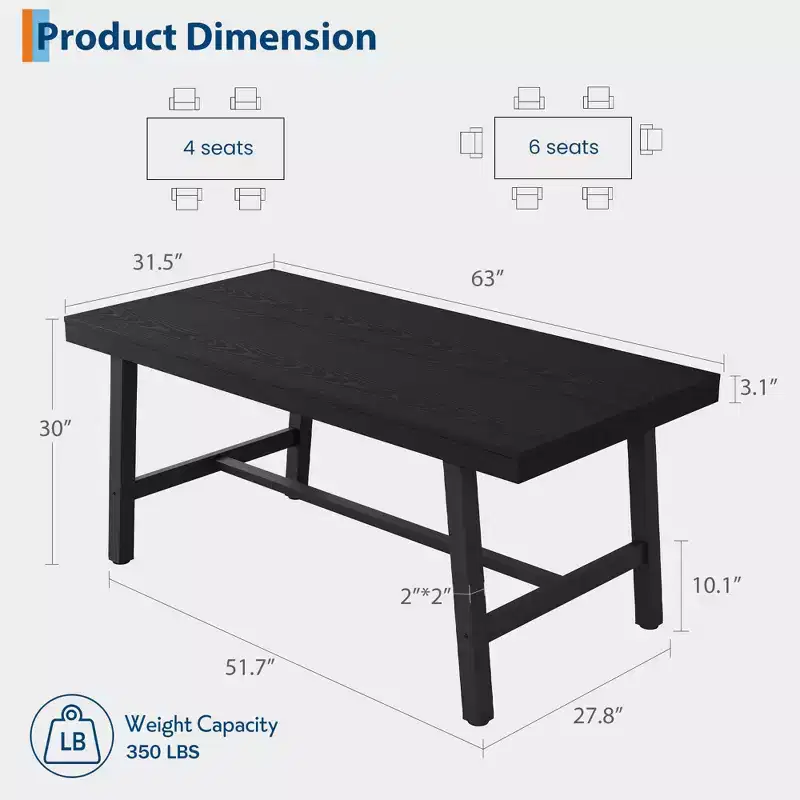 Industrial Dining Table with Metal Frame, Long Kitchen Table for Dining Room or Kitchen