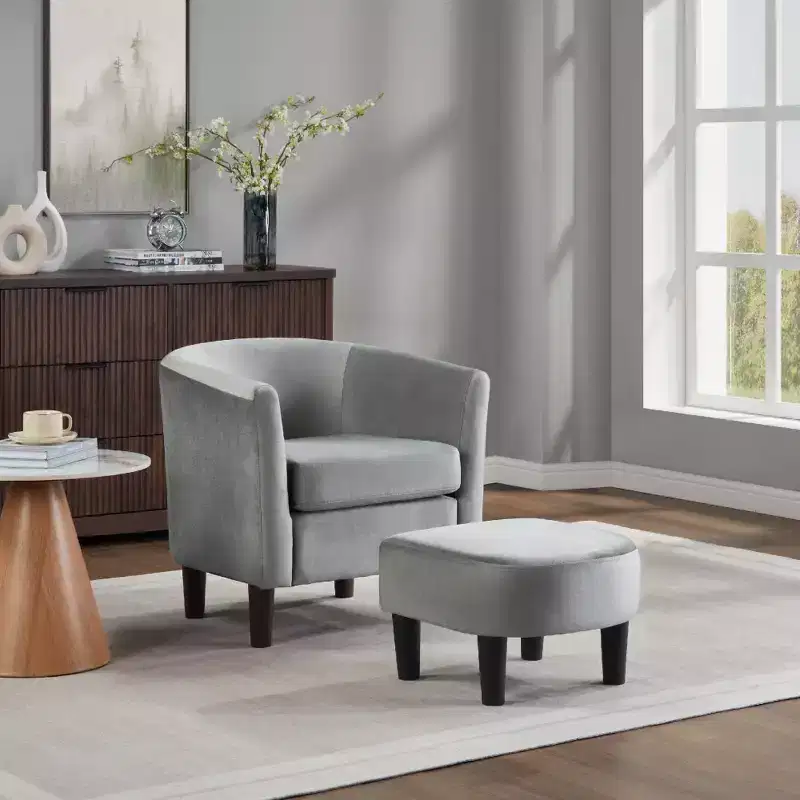 Bestier Gray Modern Velvet Accent Chair with Ottoman U-Shaped Back& 4 Thick Padded Seat