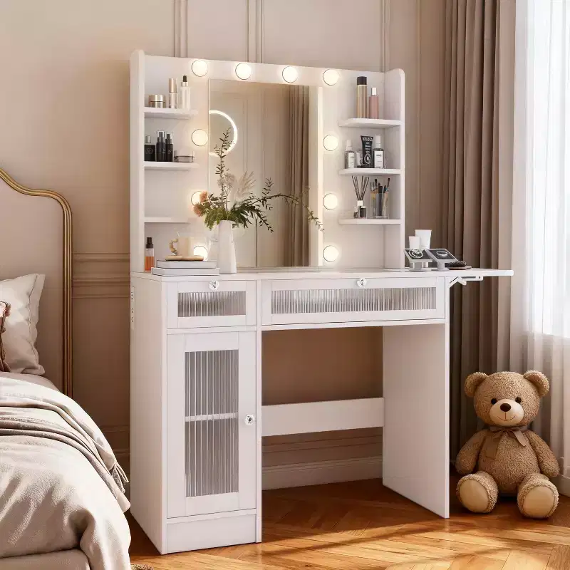 White Dressing Table with Mirror, Desk Lamp, USB Charging Port, Cabinets and Drawers