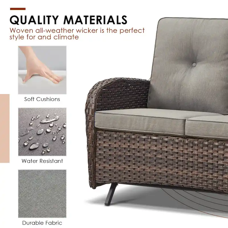 Patio Glider Sofa and Swivel Chair with Ottoman - Brown