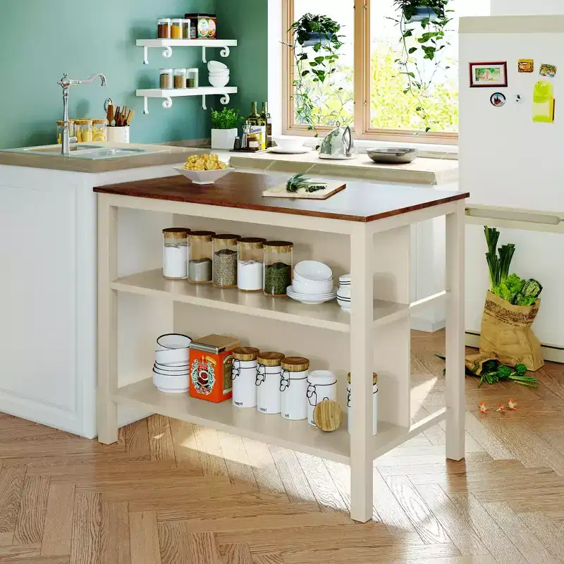 45-inch Solid Wood Rustic Fixed Kitchen Island, Rubberwood Prep Station with 2 Open Shelves, Ideal for Small Spaces, Walnut
