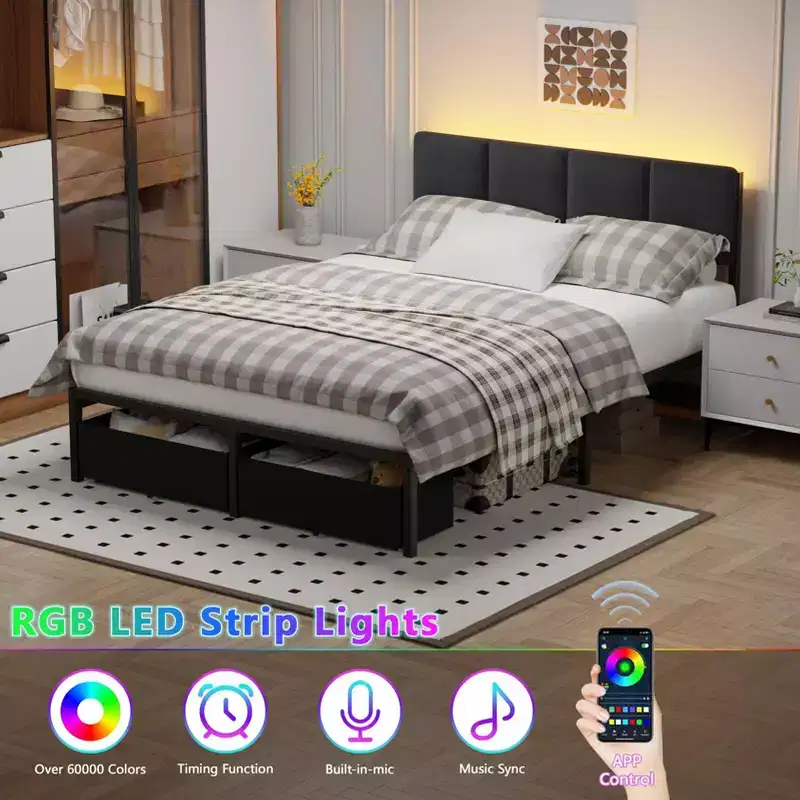 Upholstered Full Bed Frame with LED Lights Charging Station 2 Storage Drawers Platform Bed No Box Spring Needed Modern Bedroom Furniture