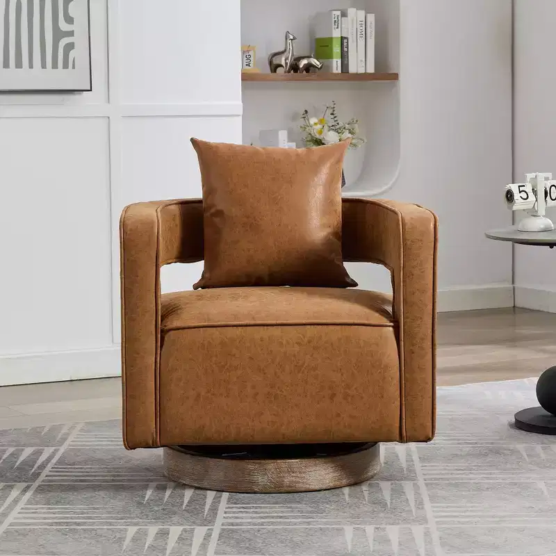 29.1-Inch Swivel Accent Barrel Chair, Upholstered Faux Leather Club Chair with Weathered Rubberwood Base for Living Room and Office