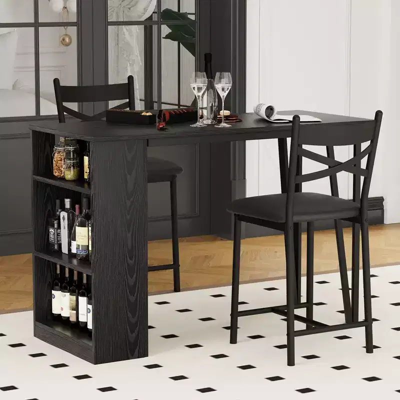 Bar Table and Chairs Set of 2, High Top Kitchen Bar Table, Wood Bar Height Dining Room Set, 3 Tier Storage Shelves, 2 Stool, for Small Spaces