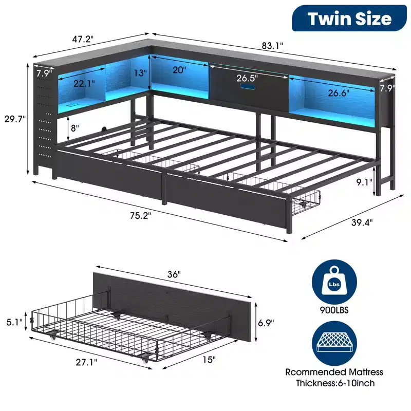 Twin Corner Bed Frame with Storage Drawers, Charging Station & Shelves, L-Shaped Daybed for Teens