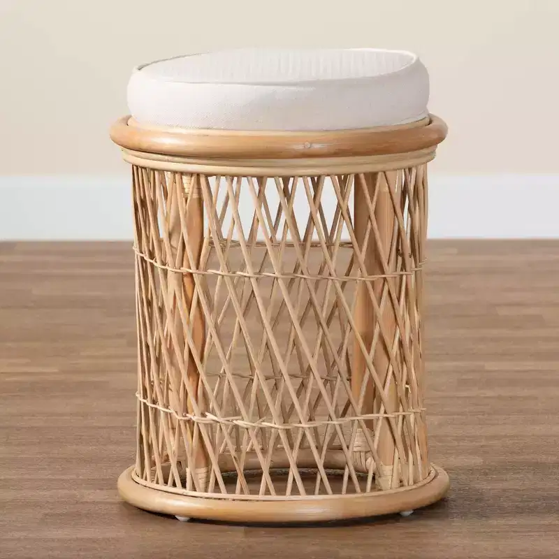 Junius Natural Rattan Ottoman Footstool: Handcrafted, Bohemian, No Assembly Required