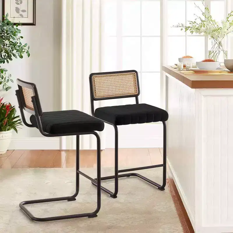 Bekrvio 26 Counter Height Bar Stools - Rattan, Velvet Upholstered with Cane Back & Metal Frame, Mid Century Modern Kitchen Stools for Counter Island
