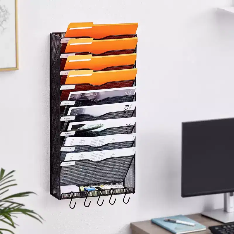 VEVOR File Wall Rack,One-Piece 10 Pockets Mesh Wall File Holder,Wall Mounted Magazine Mail Paper & Document Storage Folder,Metal Wall File Organizer