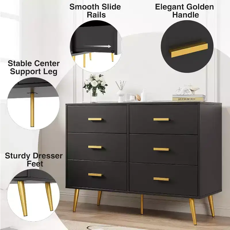 6 Drawer Dresser, Modern Wooden Dresser with Gold Handles and Storage Space, Chest of Drawers