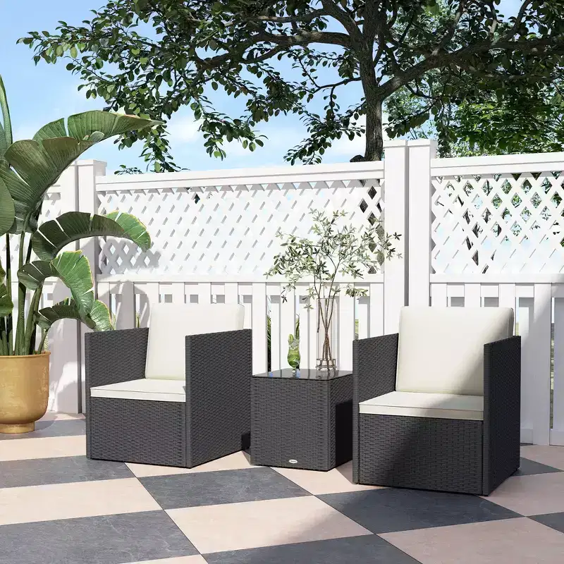 Folding Wicker Bistro Set, 3 Piece Patio Furniture Set with Cushions and Glass Coffee Table for Porch, Balcony