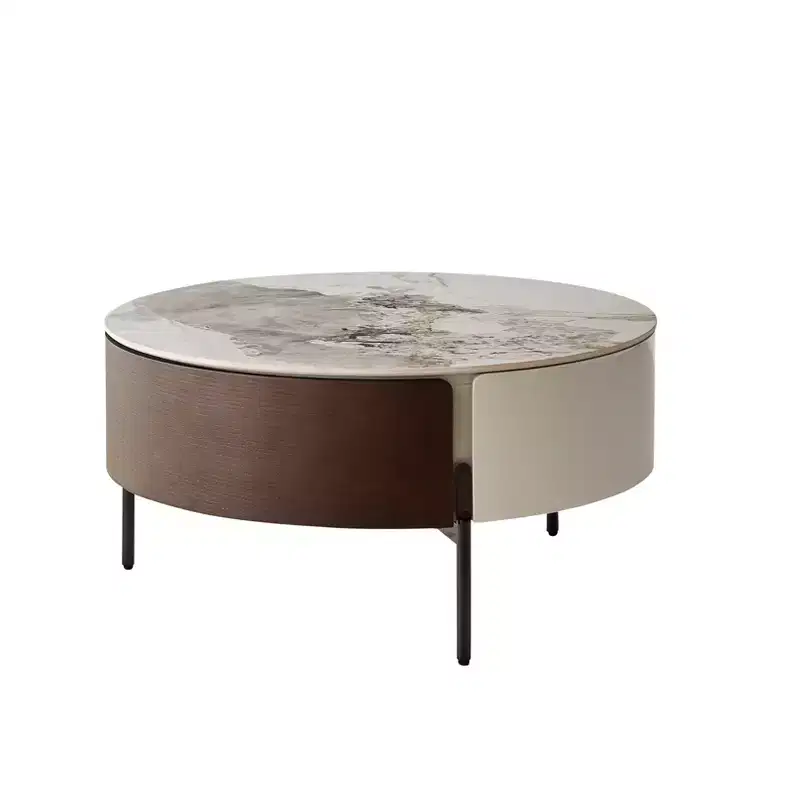 Eugene Modern 31.5 Wood and Ceramic Round Coffee Table with Drawers and Metal Legs