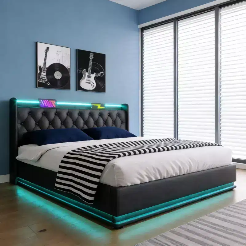 Luxystar Full Size Upholstered Bed With Hydraulic Storage, RGB Lights, USB and Type-C Ports