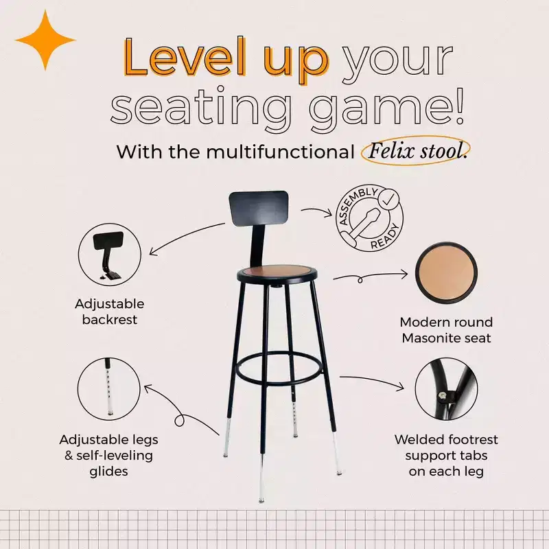 Hampden Furnishings 32-39" Felix Collection Steel Stool with Backrest