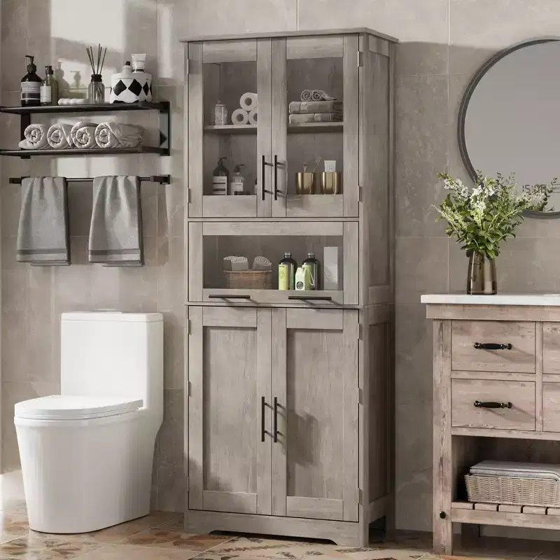 Tall Bathroom Cabinet, Freestanding Linen Storage Cabinet with Doors and Adjustable Shelves for Kitchen, Pantry, Living Room