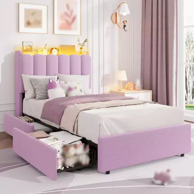 Twin Size Bed Frame with Storage Headboard, Upholstered Platform Bed Frame with 2 Drawers, Wooden Slats Support, No Box Spring Required
