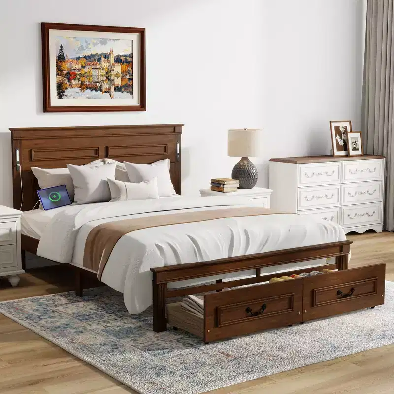 Farmhouse Bed Frame with Tall Panel Headboard, Storage Drawers & Lights (Queen/King