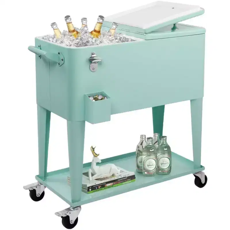 80 Quart Rolling Ice Chest Cooler with Catch Basin and Bottom Storage Tray