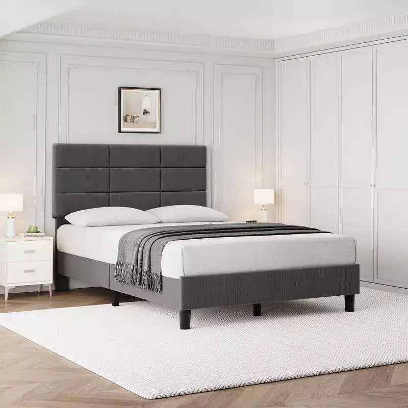 Linen Upholstered Platform Bed Frame with Adjustable Headboard  Grey, No Box Spring Needed