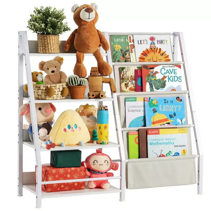4 Tier Wooden Bookshelf & Toy Storage with Sling Pockets, White, for Living Room