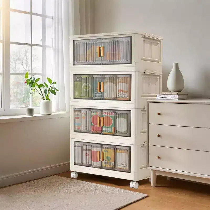 Acekool 31.5 Foldable Storage Bins with Lids, 4 Tier Stackable Organizer with Magnetic Doors and Wheels for Living Room