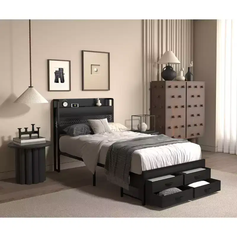 Twin Bed Frames with Headboard, Twin Size Bed Frames with Storage Drawers, Twin Bed, Metal Platform Bed Frame